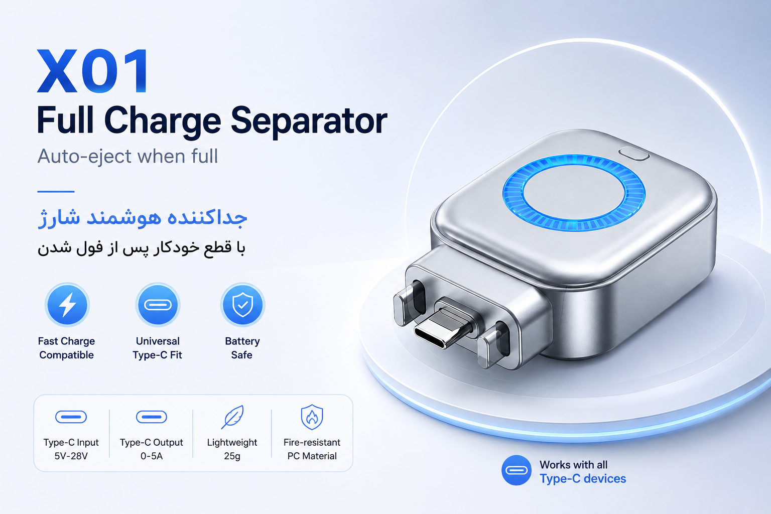 شارژ قطع‌کن هوشمند Type-C مدل X01 ظرفیت ۱۴۰ وات